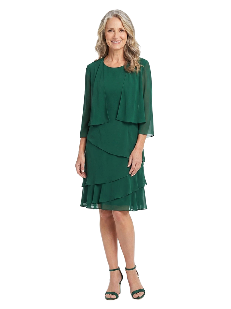 ChicSew Jewel Tiered Chiffon Midi Mother of the Bride Dress With 3/4 Sleeve Jacket