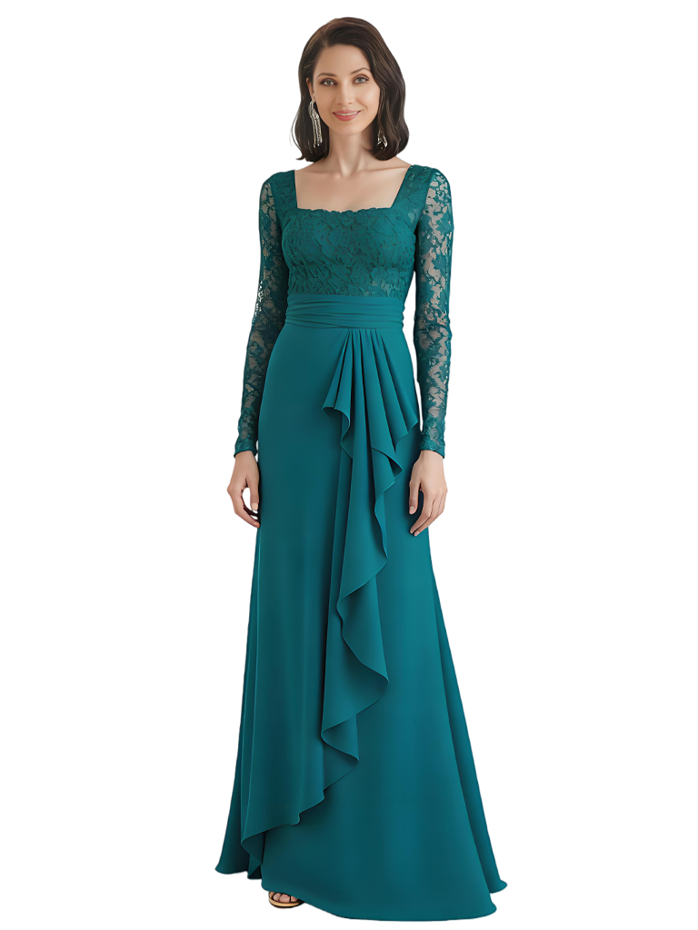 Elegant Long Sleeves Ruffle Lace Applique Chiffon A-line Long Mother of The Bride Dresses