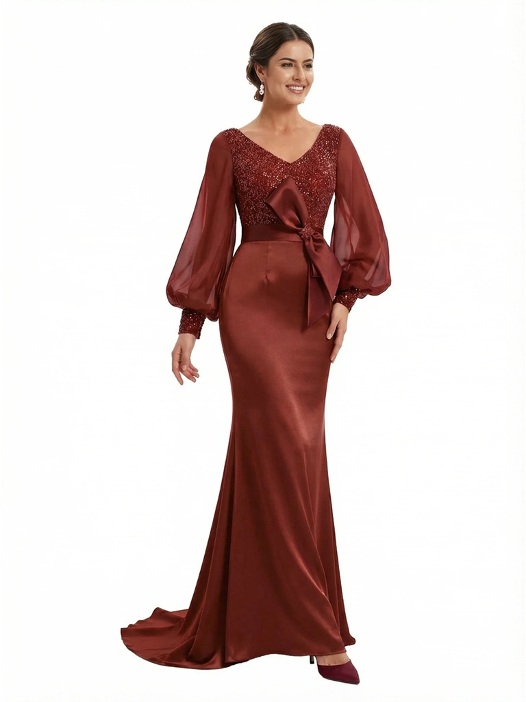 Chicsew Fancy Mother of The Groom Dress V-Neck Long Sleeves Sequin Lace Bodice Mermaid Train Satin Fabric Bow Accent Stylish Sophisticated Wedding Guest Gown