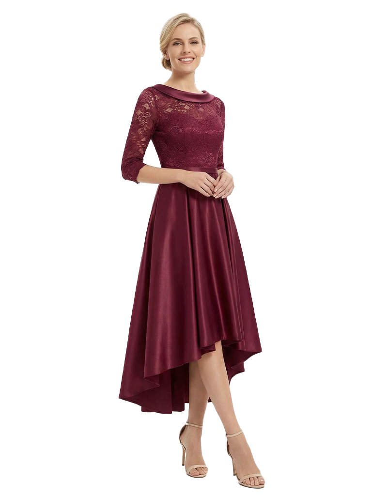 Chicsew Elegant Boat Neck Satin Lace Mother Of The Bride Dresses High-Low A-Line Gowns