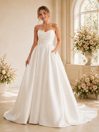 ChicSew Modern Fancy Satin Ruched Sweetheart A-Line Long Wedding Dress With Pocket