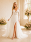ChicSew Elegant Side Slit Lace Tulle V-Neck Long Sleeves A-Line Maxi Long Wedding Dresses