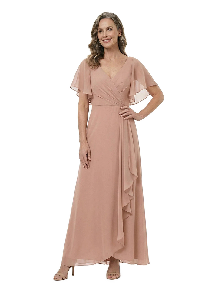 ChicSew Pretty Short Sleeves V-Neck Chiffon Ruched Floor-Length Mother Of The Bride Dresses