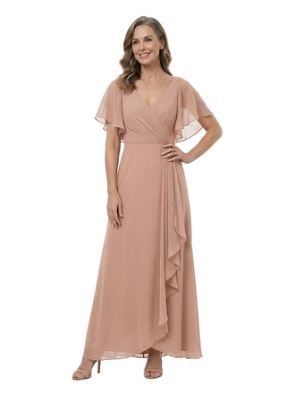 ChicSew Pretty Short Sleeves V-Neck Chiffon Ruched Floor-Length Mother Of The Bride Dresses