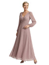 Elegant V-Neck Ruched Chiffon Mother Of The Bride Dress Long Sleeves Maxi Gown