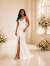 ChicSew Simple Spaghetti Straps V-Neck Side Slit Satin Mermaid Maxi Wedding Dress