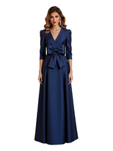Elegant V-Neck Half Sleeves Satin A-Line Bow Knot Mother Of The Bride Dresses