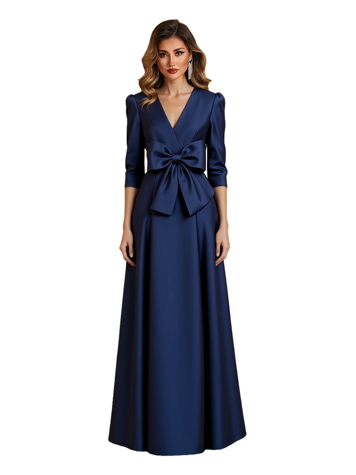 Elegant V-Neck Half Sleeves Satin A-Line Bow Knot Mother Of The Bride Dresses