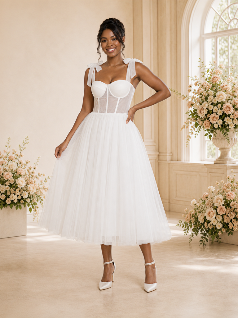 ChicSew Elegant Spaghettt Straps Boning Tulle A-Line Tea-Length Wedding Dress
