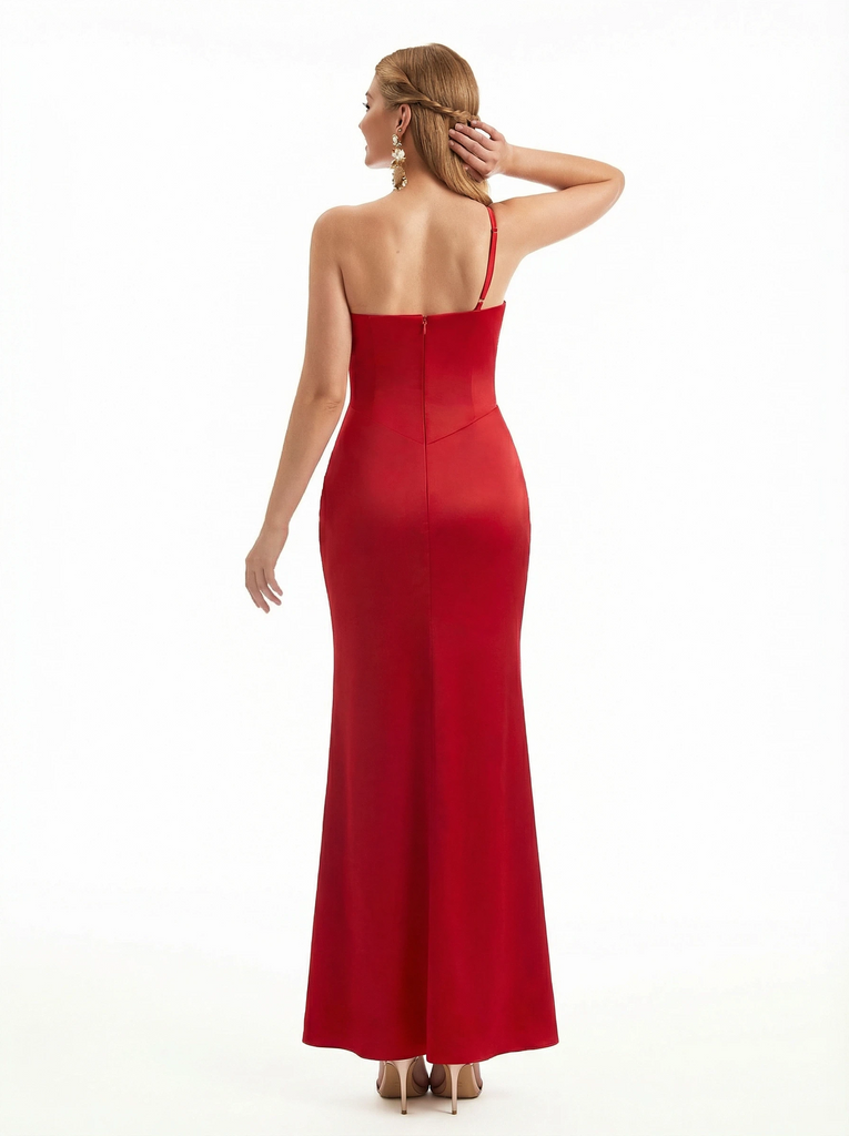 Sexy One Shoulder Side Slit Mermaid Silky Satin Long Formal Dresses