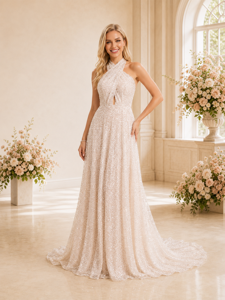 ChicSew Elegant A-line High Neck Sleeveless Glitter Tulle Long Wedding Dresses Open Back