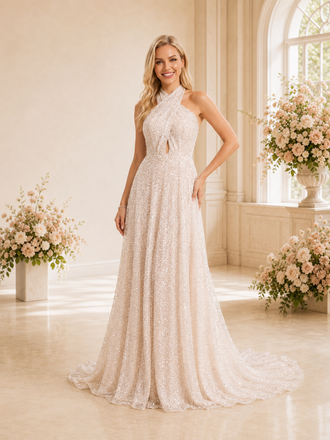 ChicSew Elegant A-line High Neck Sleeveless Glitter Tulle Long Wedding Dresses Open Back