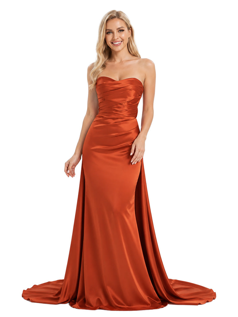 ChicSew Glamorous Strapless Soft Satin Maid Of Honor Dress With Ruched Bodice Mermaid Bridesmaid Gown