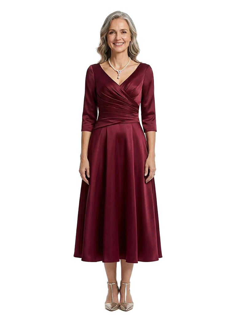 ChicSew Long Sleeve Ruched Satin Tea-Length Mother Of The Bride Dress With V-Neck