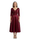ChicSew Long Sleeve Ruched Satin Tea-Length Mother Of The Bride Dress With V-Neck
