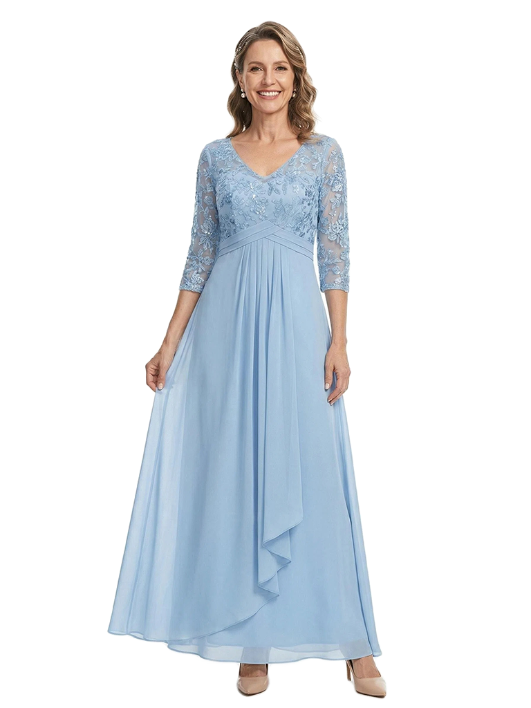ChicSew Classy V-Neck Ruched Chiffon Lace Long Sleeve Mother Of The Bride Dresses