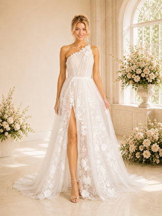 ChicSew Romantic Asymmetric One Shoulder Side Slit A-Line Long Wedding Dresses