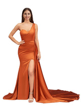 Sexy One Shoulder Side Slit Soft Satin Mermaid Formal Long Bridesmaid Dresses