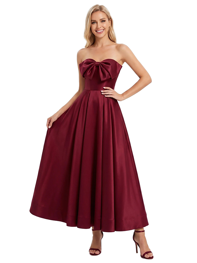 ChicSew Fancy Sweetheart Bow Knot Soft Satin A-Line Ankle-Length Bridesmaid Dresses