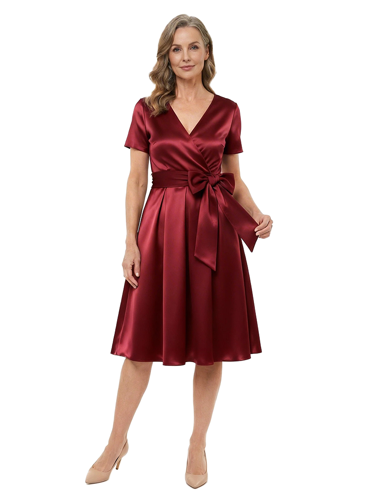 ChicSew V-Neck Short Sleeve A-Line knee Length Satin Fancy Mother of the Bride Dresses