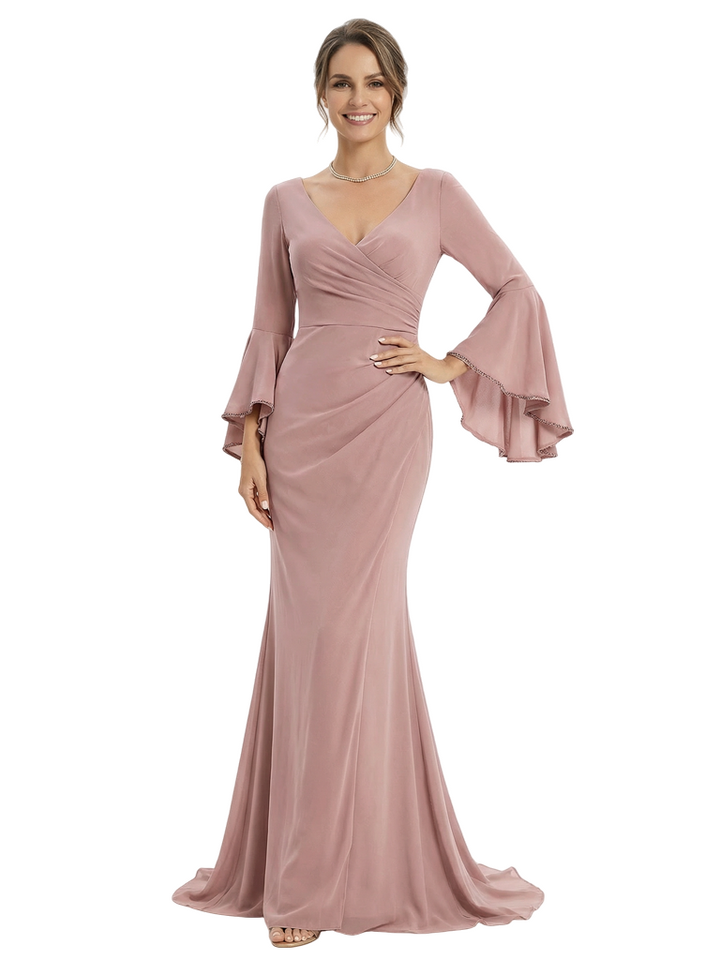 Chic V-Neck Bell Sleeve Mother Of The Bride Dress Ruched Floor Length Chiffon Formal Gown