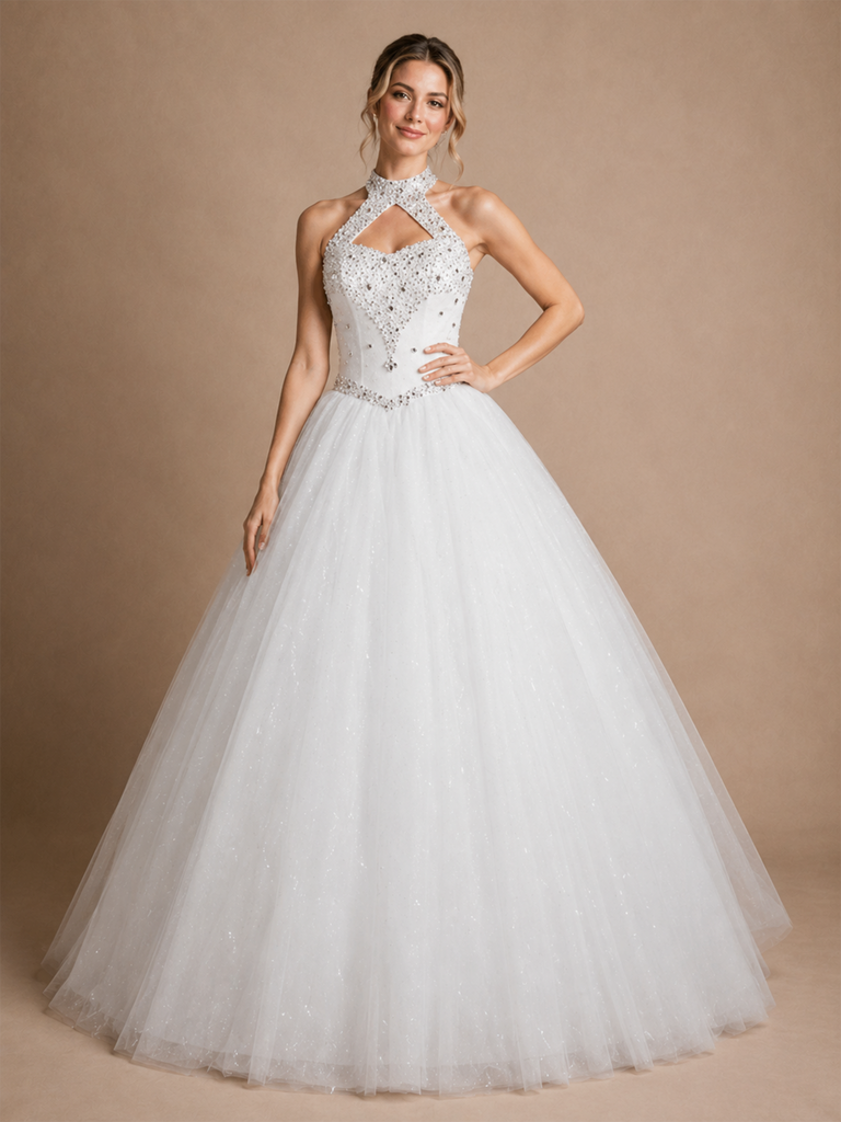ChicSew Elegant High-Neck A-Line Glitter Tulle Rhinestone Floor-Length Wedding Dress