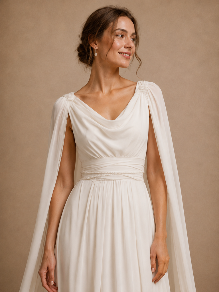 ChicSew Elegant Unique V-Neck Ruching Long Sleeves Chiffon A-Line Long Wedding Dress
