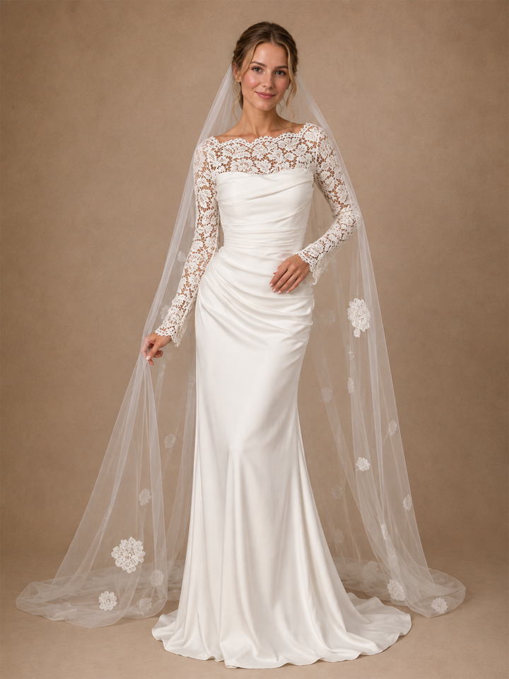 ChicSew Fancy Bateau Long Sleeves Mermaid Satin Lace Floor-Length Wedding Dress