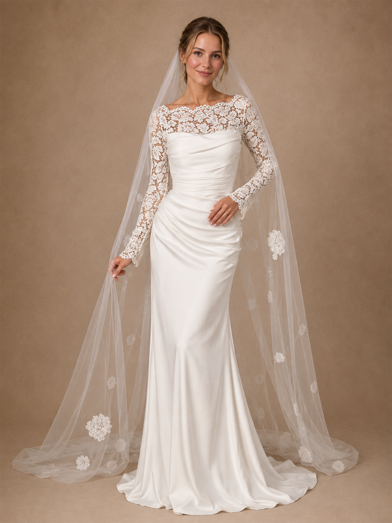 ChicSew Fancy Bateau Long Sleeves Mermaid Satin Lace Floor-Length Wedding Dress