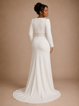 ChicSew Modern Square Neck Long Sleeves Mermaid Crepe Floor-Length Wedding Dress