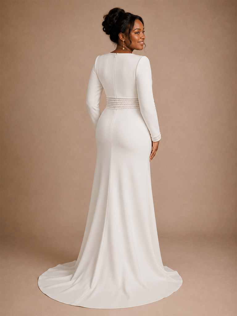 ChicSew Modern Square Neck Long Sleeves Mermaid Crepe Floor-Length Wedding Dress