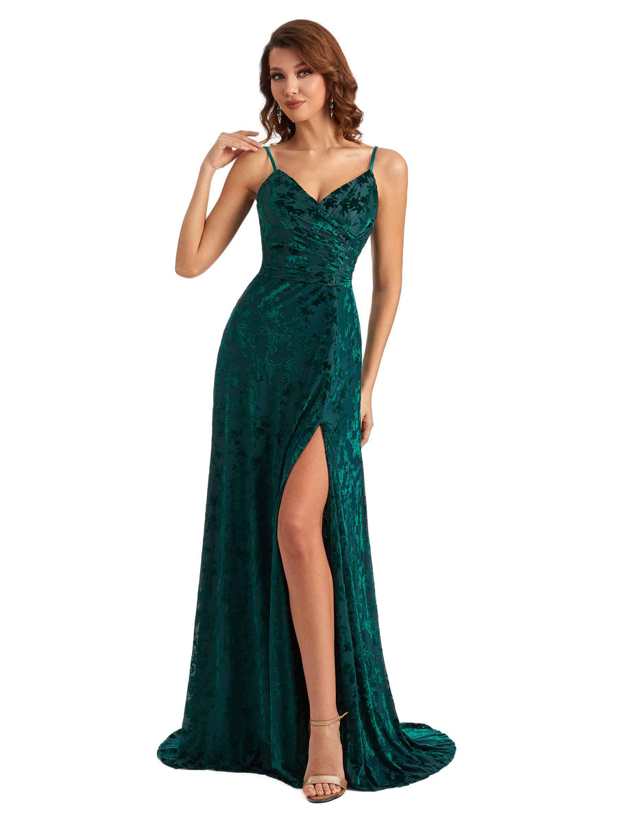 Sexy Side Slit Spaghetti Straps Mermaid Floral Velvet Long Maid of Honor Dresses