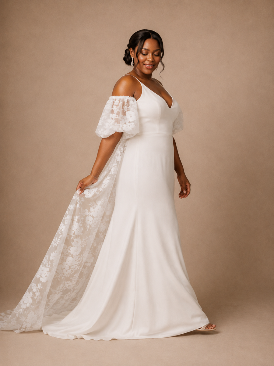 ChicSew Elegant V-Neck Spaghetti Straps Mermaid Crepe Long Wedding Dress With Lace Cape