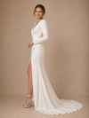 Chicsew Fancy Long Sleeves V-Neck Ruching Mermaid Side Slit Satin Long Wedding Dress