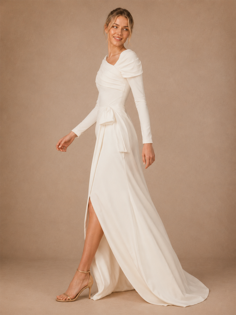 ChicSew Modern Mermaid Crepe Asymmetric Long Sleeves Floor-Length Wedding Dress