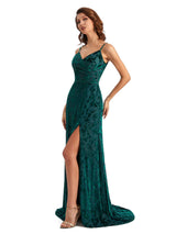 Sexy Side Slit Spaghetti Straps Mermaid Floral Velvet Long Maid of Honor Dresses