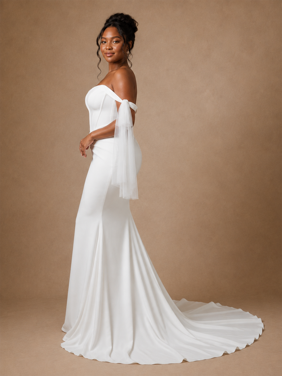 ChicSew Elegant Off The Shoulder Boning Mermaid Crepe Floor-Length Wedding Dress
