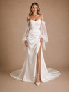 ChicSew Sexy Sweetheart Satin Ruched Mermaid Side Slit Floor-Length Wedding Dress With Tulle Sleeves