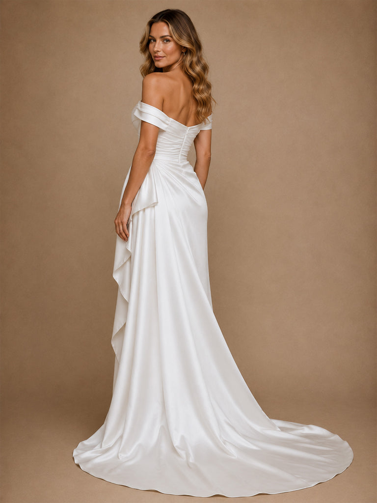 ChicSew Classy Off The Shoulder Satin Ruching Mermaid Side Slit Long Wedding Dresses