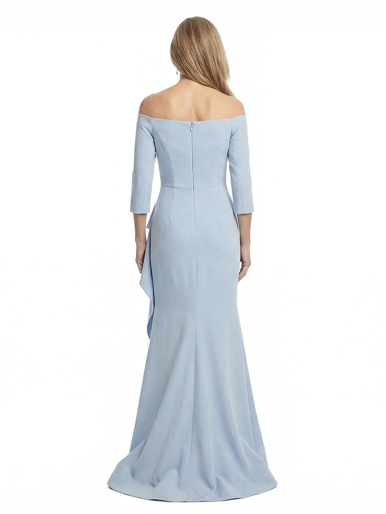 Chicsew Off Shoulder 3/4 Sleeve Ruffled Mermaid Floor Length Stretch Crepe Fancy Mother of the Bride Dresses