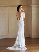 Sexy Mermaid Open Back V-neck Maxi Long Lace Wedding Dresses Online
