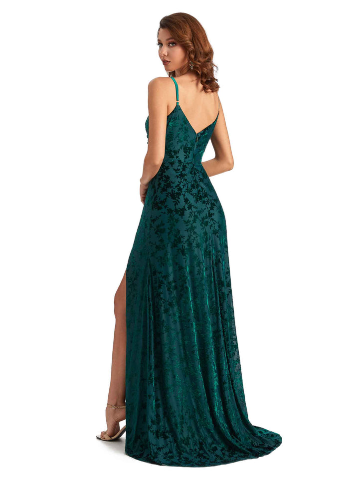Sexy Side Slit Spaghetti Straps Mermaid Floral Velvet Long Maid of Honor Dresses