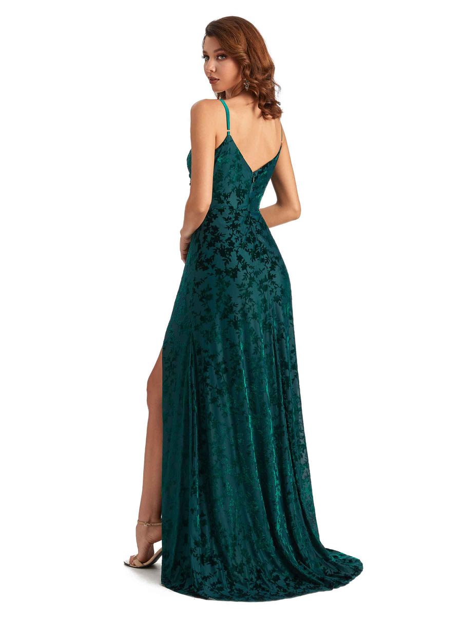 Sexy Side Slit Spaghetti Straps Mermaid Floral Velvet Long Maid of Honor Dresses