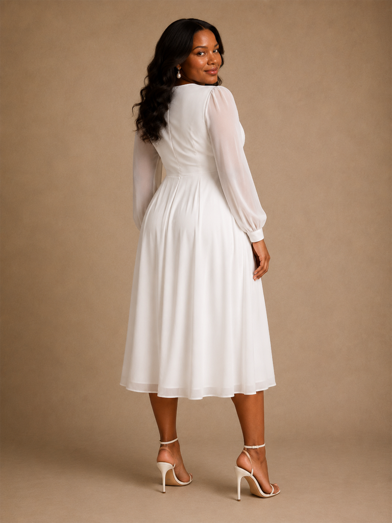 ChicSew Elegant Simple V-Neck Long Sleeves Chiffon A-Line Tea-Length Wedding Dress