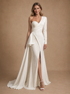 ChicSew Unique Crepe Mermaid One Shoulder Long Sleeves Beaded Maxi Wedding Dresses With Side Slit