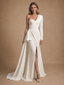ChicSew Unique Crepe Mermaid One Shoulder Long Sleeves Beaded Maxi Wedding Dresses With Side Slit