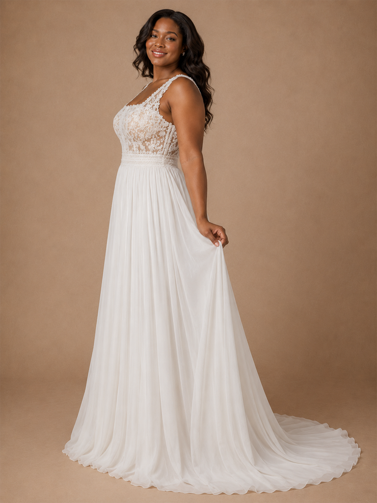 ChicSew Elegant Square Neck Lace Applique Chiffon Sleeveless A-Line Floor-Length Wedding Dress