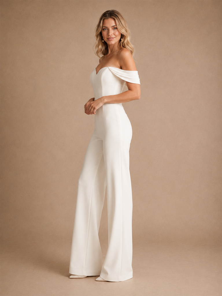 ChicSew Modern Off The Shoulder Sleeveless Crepe Floor-Length Wedding Jumpsuit