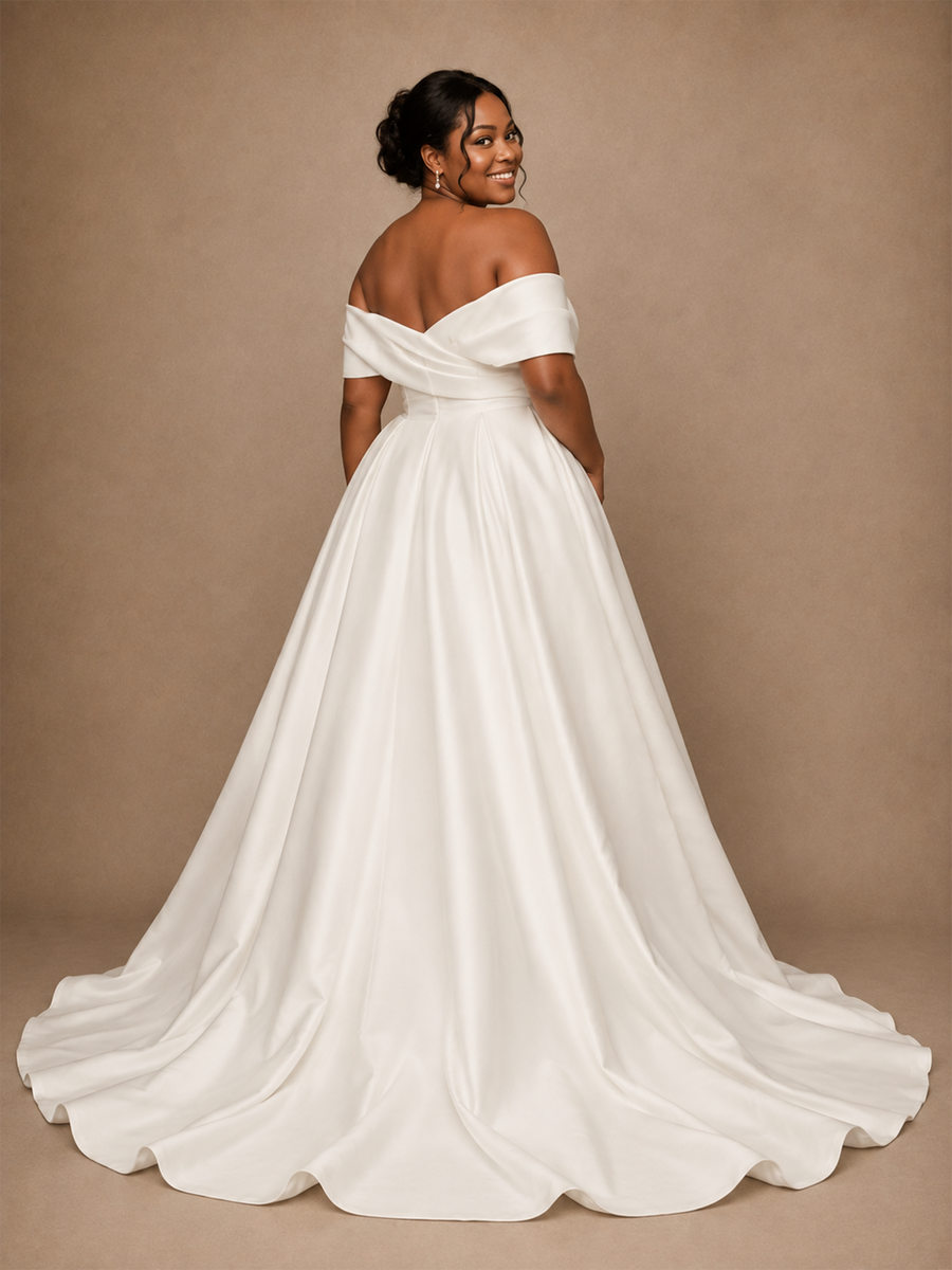 ChicSew Elegant Off The Shoulder Ruching Sleeveless Long A-Line Satin Wedding Dress