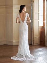 Sexy Mermaid Open Back V-neck Maxi Long Lace Wedding Dresses Online